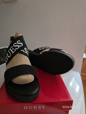 Guess Black Logo Cross-Strap Platform Sandals Size 6